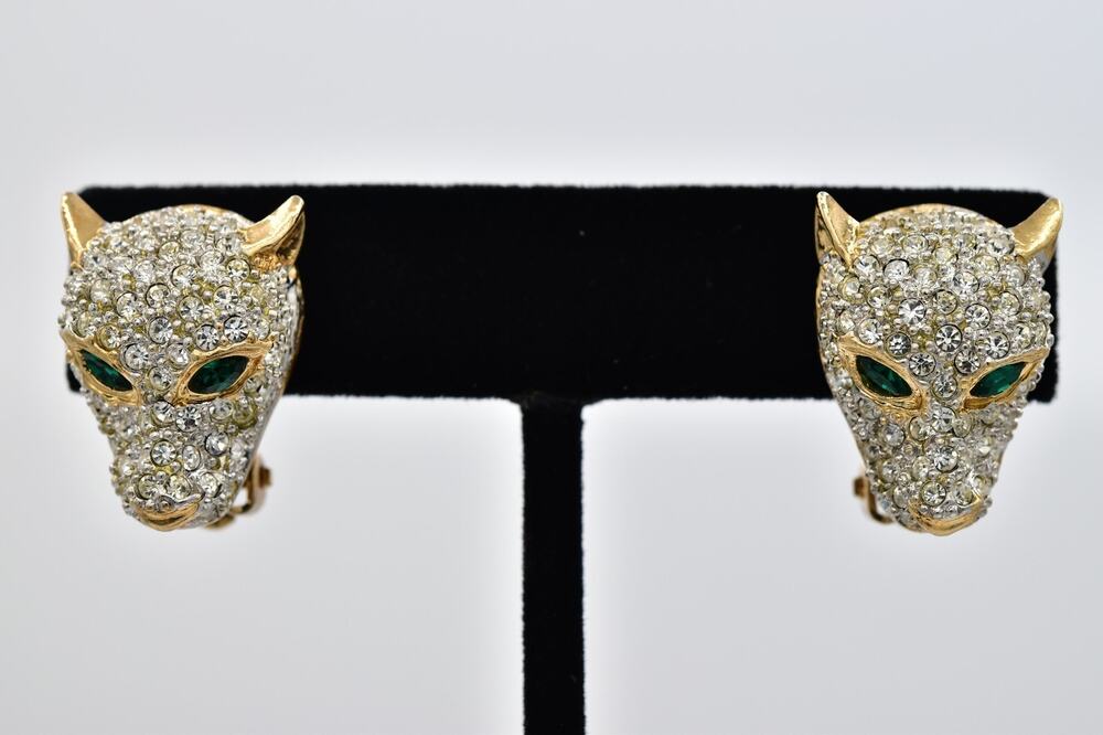 Vintage NOS Panther Head Clip On Earrings Pave Rhinestone Crystal Gold 80s BinAR
